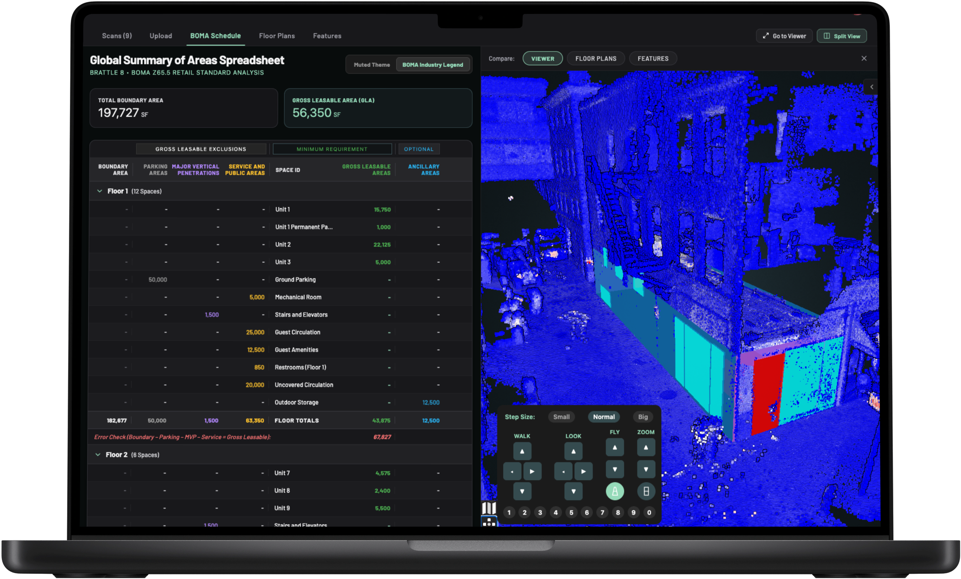 The Meridian platform on a laptop: BOMA schedule beside the point cloud viewer