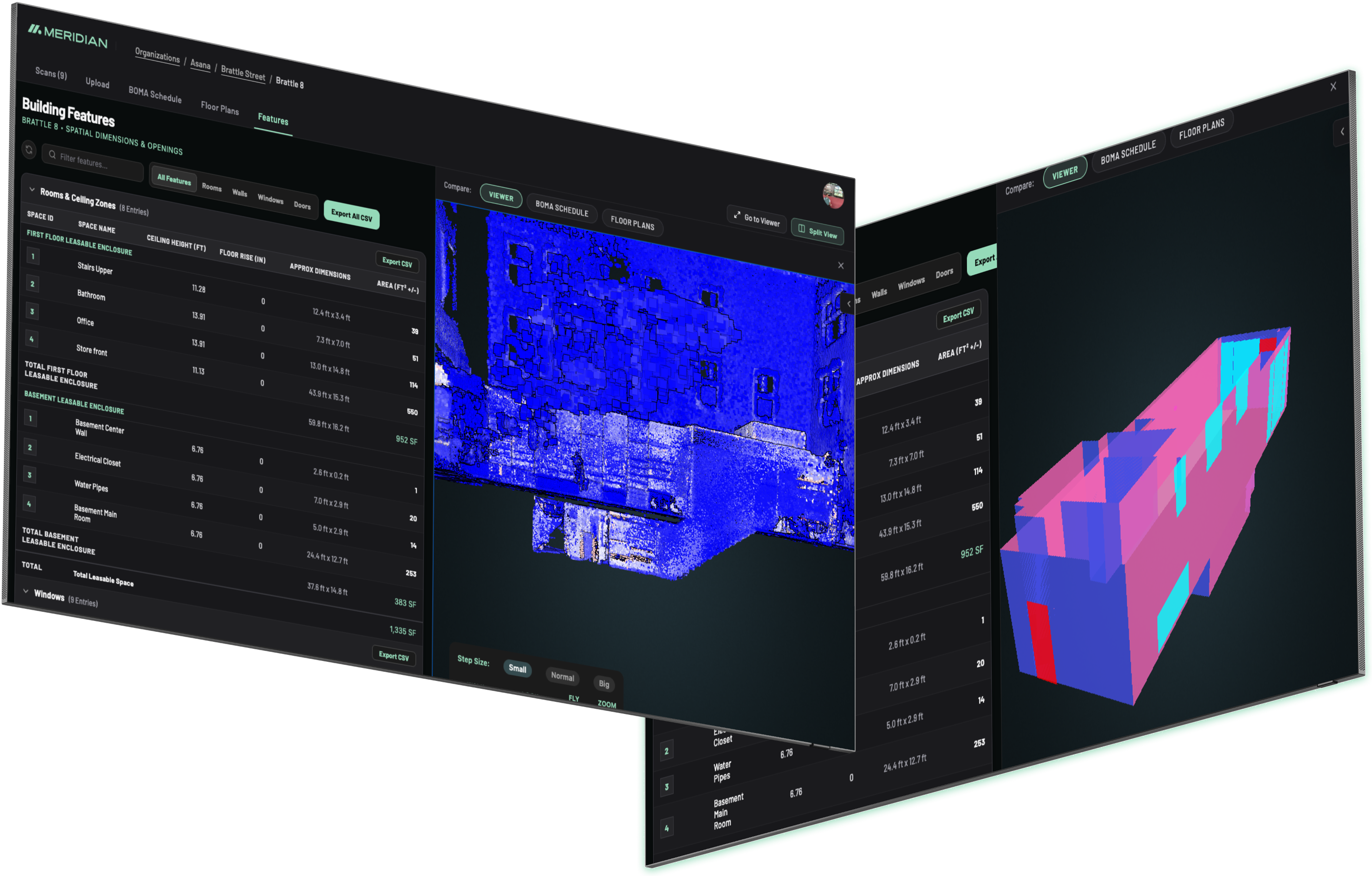Building features table, point cloud viewer, and reconstructed 3D model shown as overlapping screens